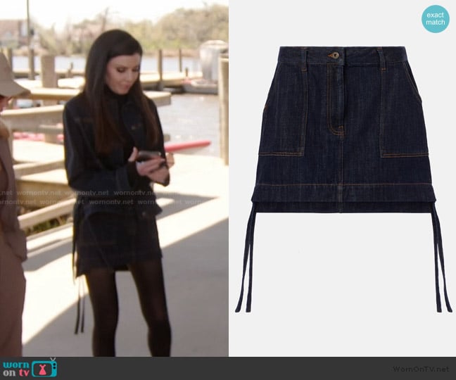 Loewe Anagram leather-trimmed denim miniskirt worn by Heather Dubrow on The Real Housewives of Orange County