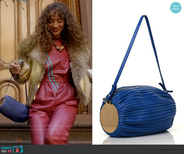 Loewe Lambskin Pleated Bracelet Pouch Shoulder Bag Royal Blue worn by Lisette Alee (Katerina Tannenbaum) on And Just Like That