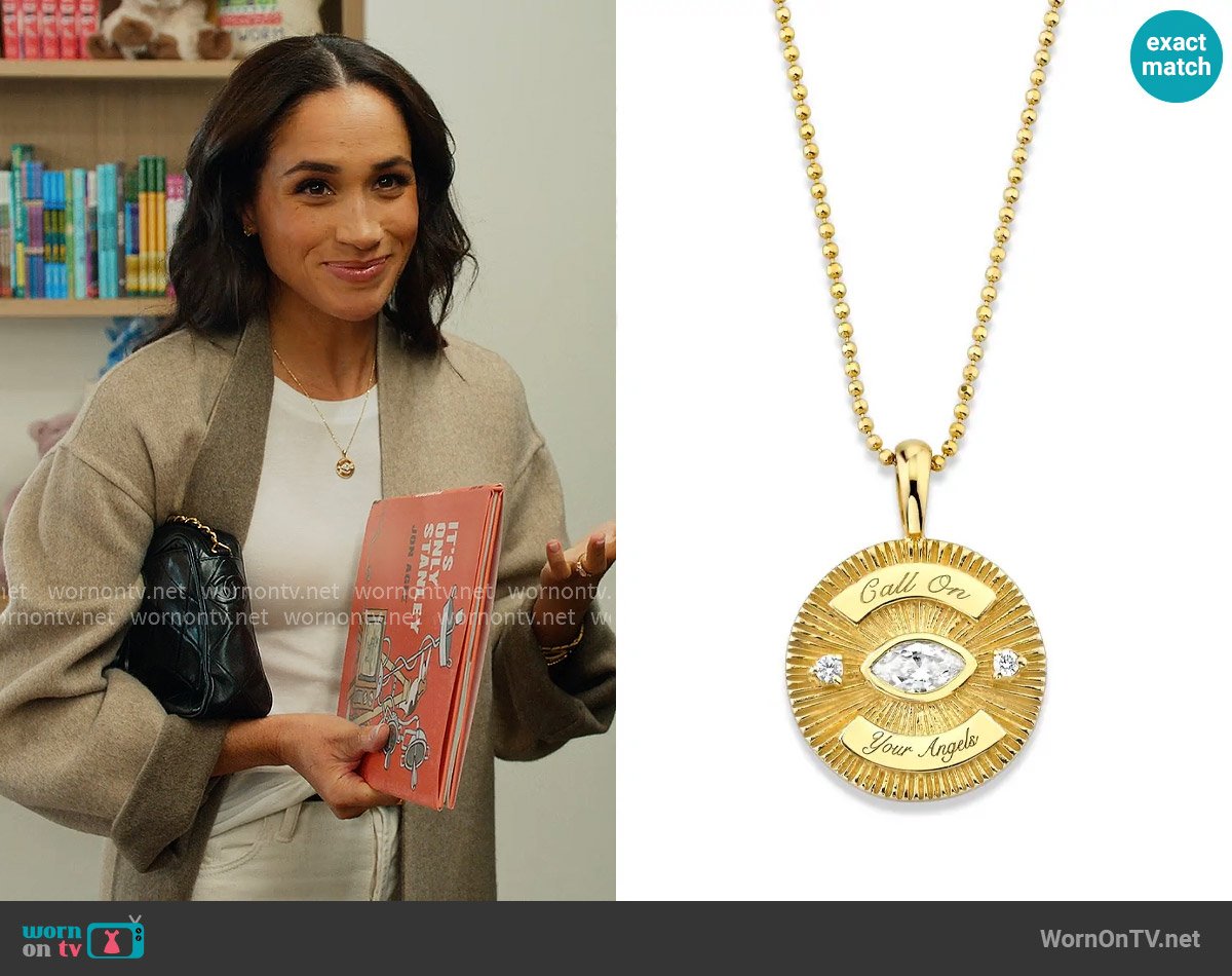 Logan Hollowell Call On Your Angels Diamond Angel Eye Coin Necklace worn by Meghan Markle on With Love Meghan