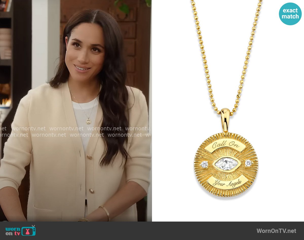 Logan Hollowell Call On Your Angels Diamond Angel Eye Coin Necklace worn by Meghan Markle on With Love Meghan
