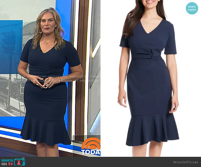 London Times Flounce Hem Twist Midi Dress in Navy worn by Emily West on Today