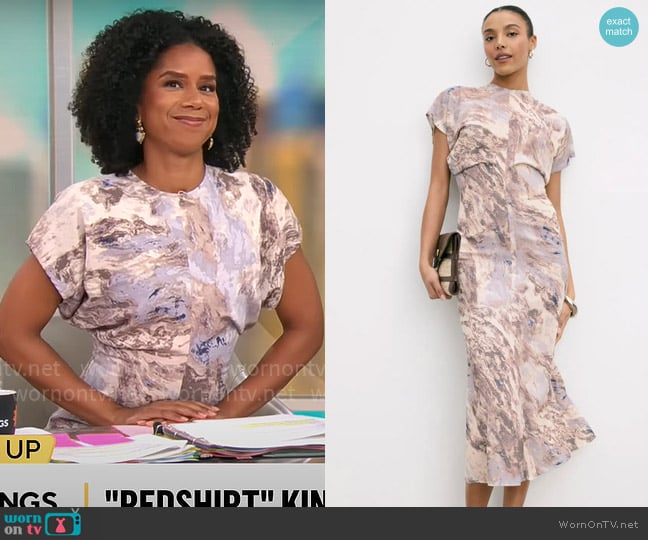 Luxely Brown Abstract Printed Midi Dress worn by Adriana Diaz on CBS Mornings