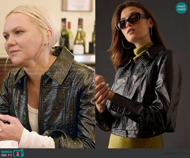 Maeve Crinkle Leather Moto Jacket worn by Galyna Saltkovska on The McBee Dynasty Real American Cowboys
