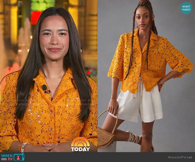 Maeve Lace Half-Sleeve Buttondown Shirt worn by Emilie Ikeda on Today