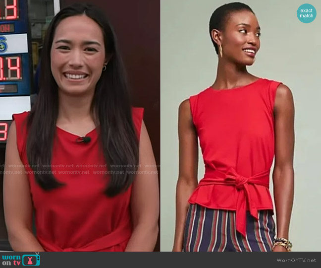 Maeve Peekaboo-Back Tie-Waist Sleeveless Top in Red worn by Emilie Ikeda on Today