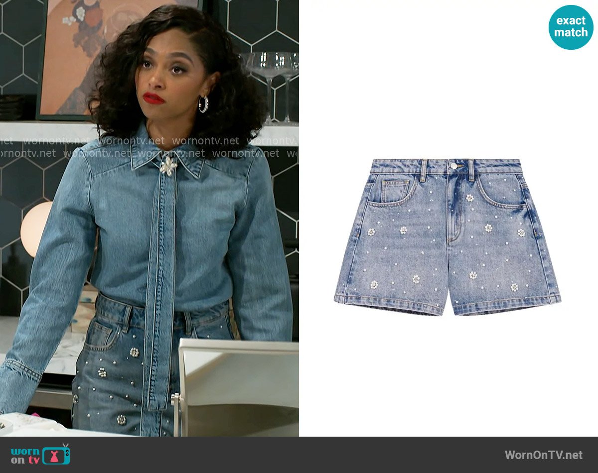 Maje Denim Shorts with Embroidered Beads worn by Kat Richardson (Colby Muhammad) on Beyond the Gates