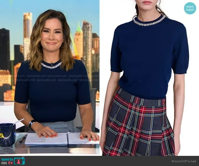 Maje Knit Crop Jumper with Rhinestones in Navy worn by Rebecca Jarvis on Good Morning America