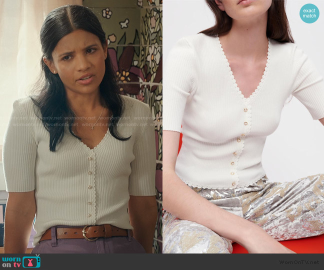 Maje Knit pullover with rickrack finishing worn by Jackie Howard (Nikki Rodriguez) on My Life with the Walter Boys