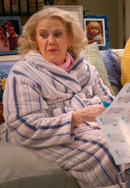 Mama Margaret's stripe fleece robe on Leanne