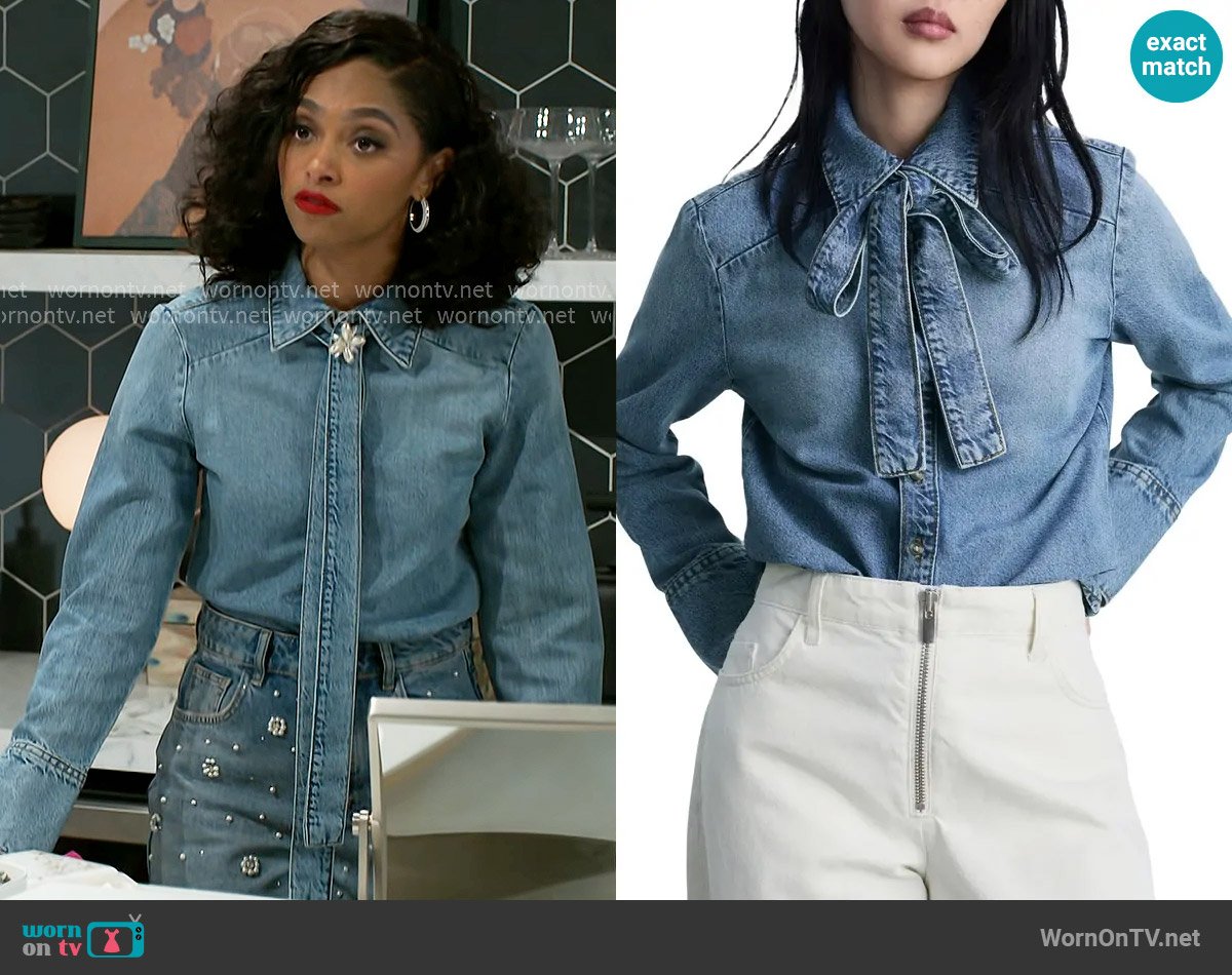 Mango Denim Shirt with Bow worn by Kat Richardson (Colby Muhammad) on Beyond the Gates