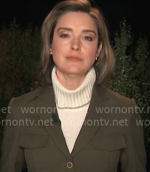 Margaret Brennan’s olive green jacket on CBS Mornings