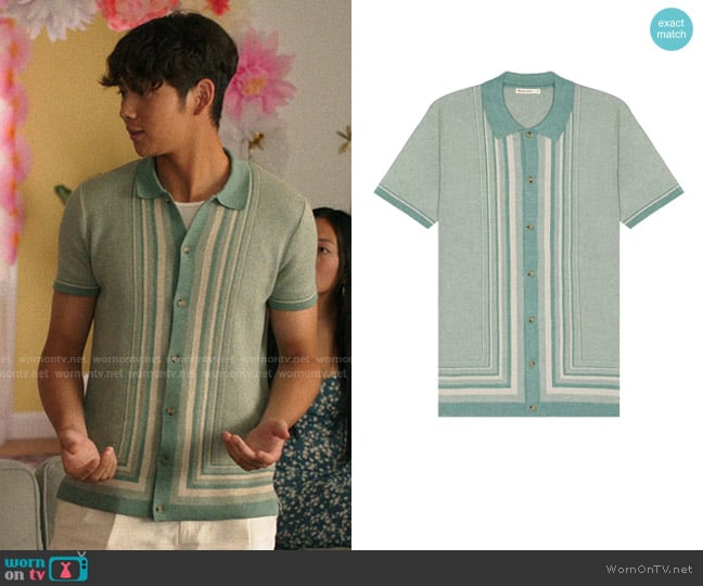 Marine Layer Border Stripe Short Sleeve Sweater in Deep Sea & Oatmeal worn by Steven (Sean Kaufman) on The Summer I Turned Pretty