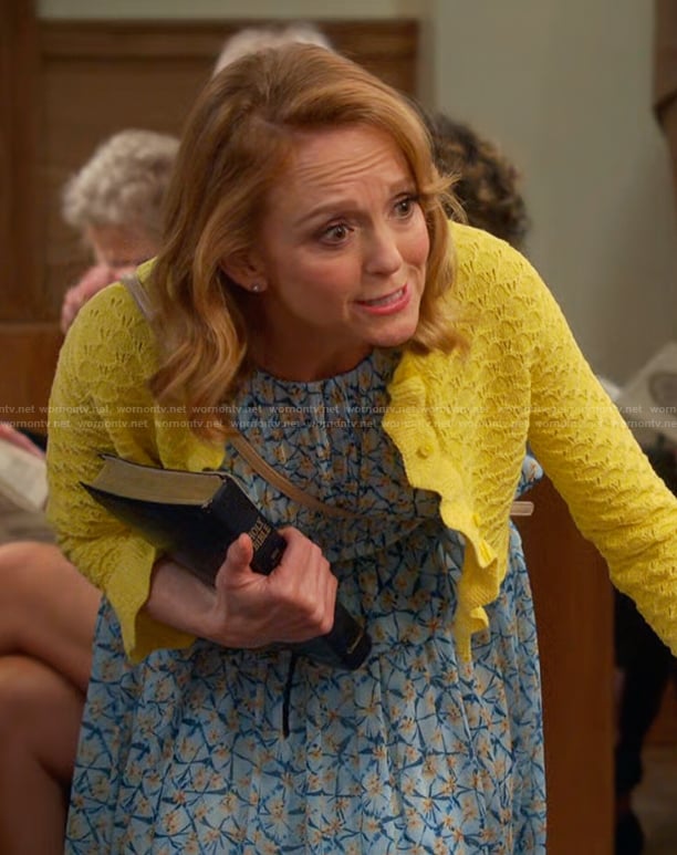Mary's blue floral print dress on Leanne
