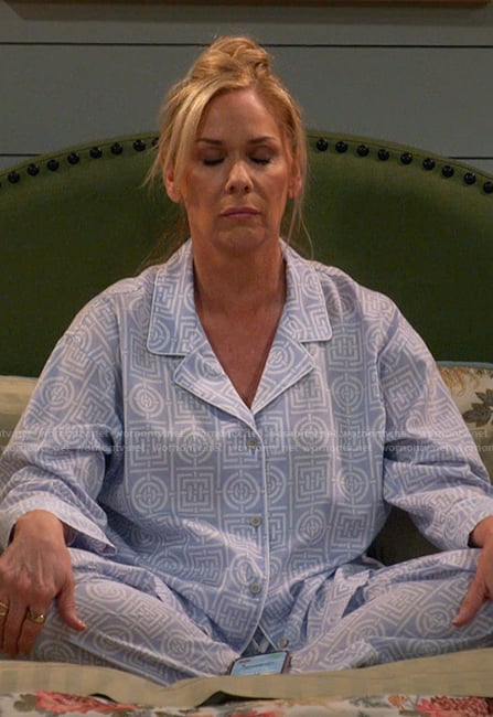 Mary's blue geometric print pajamas on Leanne