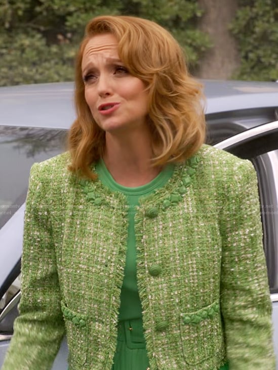 Mary's green tweed jacket and belted dress on Leanne