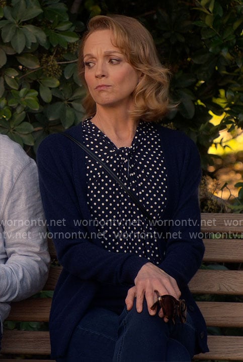 Mary's navy polka dot top on Leanne