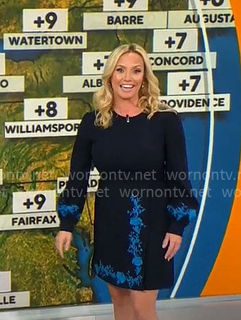 Megan Glaros’s blue floral embroidered dress on CBS Mornings