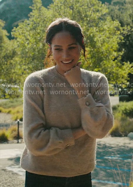 Meghan Markle's beige button-cuff sweater on With Love Meghan