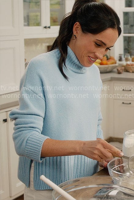 Meghan Markle’s blue mock-neck sweater on With Love Meghan