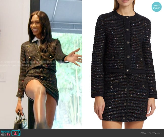 Milly Sequin Textured Button-Front Cardigan Jacket and Miniskirt worn by Kiki Barth (Kiki Barth) on The Real Housewives of Miami