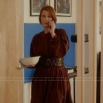 Miranda’s burgundy long sleeve gathered dress on And Just Like That