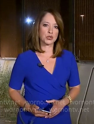 Mireya Villarreal’s blue faux-wrap dress on CBS Mornings