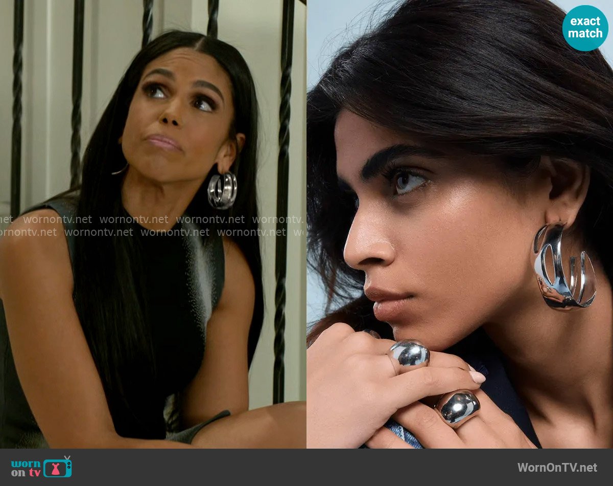 Misho Tidal Hoops in Silver Rhodium Plated worn by Dani Dupree (Karla Mosley) on Beyond the Gates