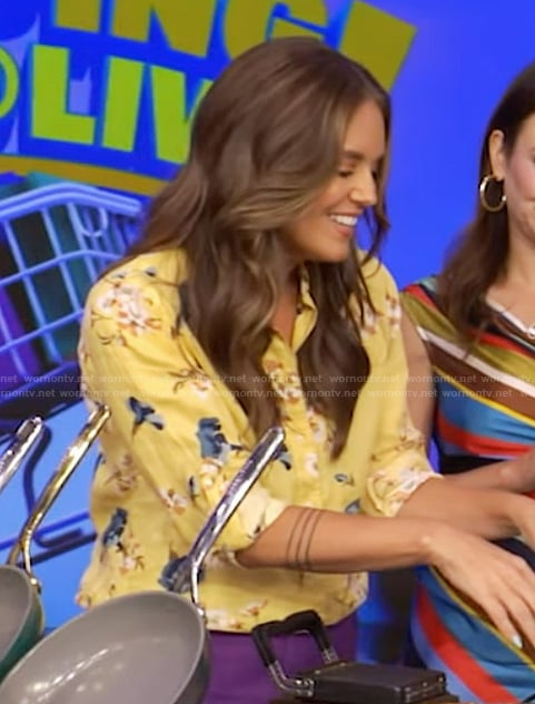 Monica Mangin's yellow floral print shirt on Live with Kelly and Mark