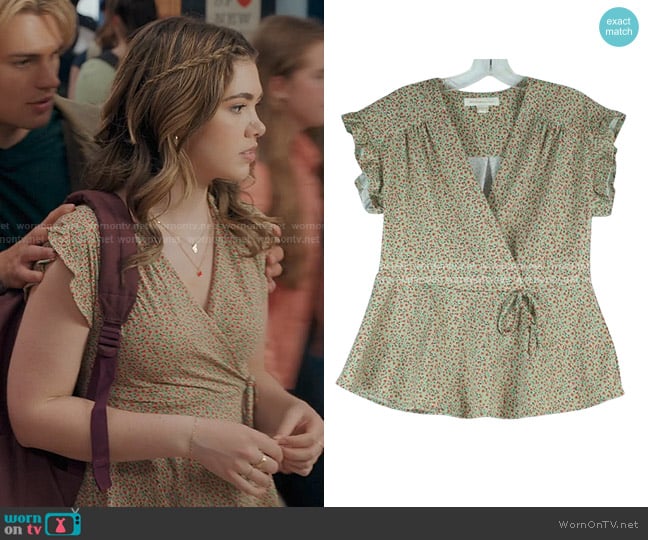 Monteau Floral Faux Wrap Front Top in Green worn by Erin (Alisha Newton) on My Life with the Walter Boys