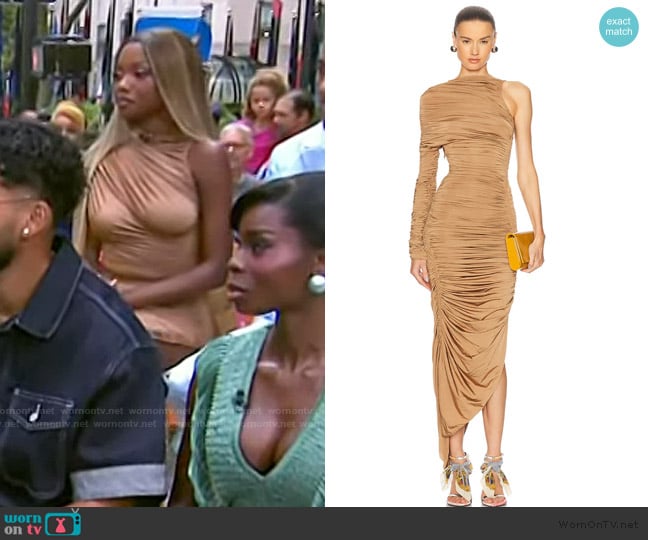 Mugler Asymmetric ruched maxi dress worn by Chelley Bissainthe on Today