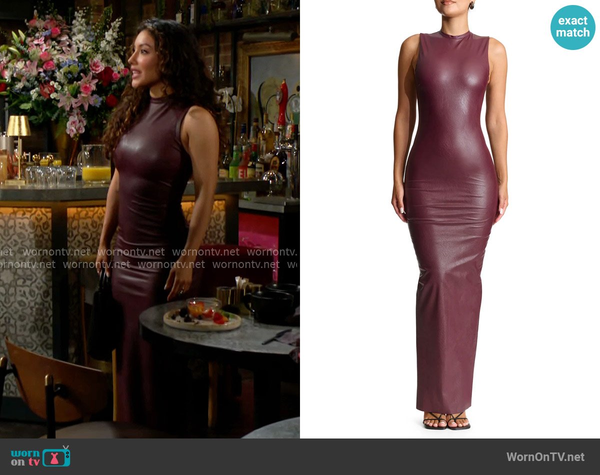 Naked Wardrobe Liquid Faux Suede All Faux Love Maxi Dress in Dark Plum worn by Audra Charles (Zuleyka Silver) on The Young and the Restless