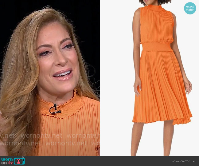 Nanette Lepore Smocked High Neck Pleated Midi Dress worn by Debra Alfarone on CBS Mornings