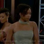 Naomi’s green leather dress on Beyond the Gates