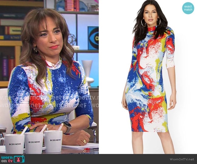 New York & Co Marble-Print Mock-Neck Dress worn by Michelle Miller on CBS Mornings