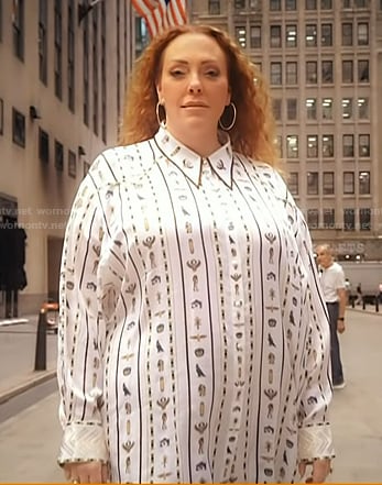 Nicole Eckels’s white print shirt and pants on Today