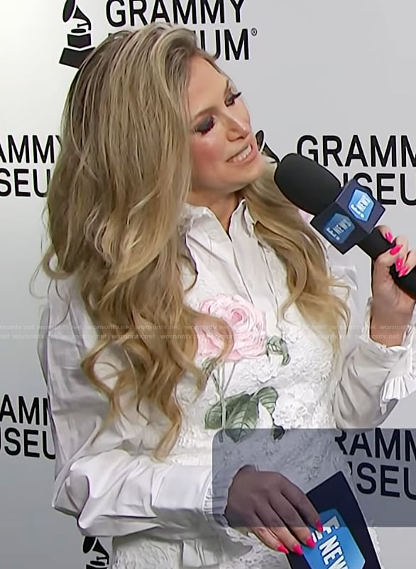Nikki Novak's white floral embroidered dress on E! News
