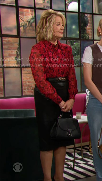 Nikki’s red rose print button down blouse on The Young and the Restless