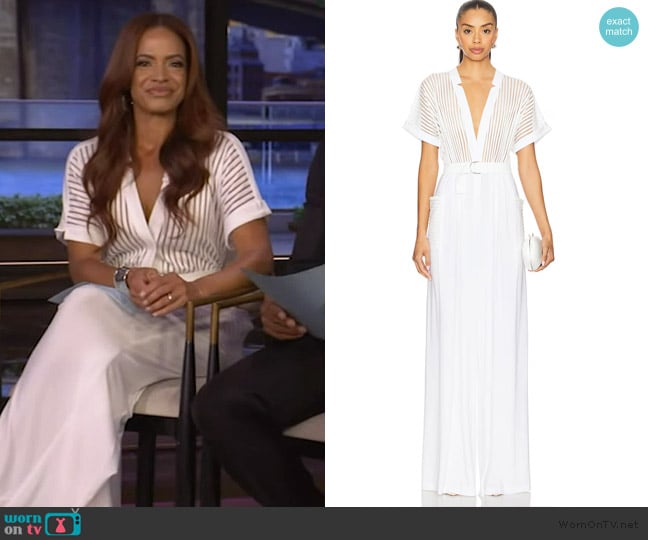 Norma Kamali Geralyn belted paneled jersey and mesh jumpsuit worn by Elle Duncan on Live with Kelly and Mark