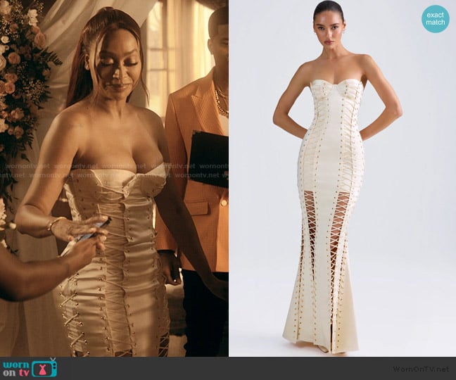 Oh Polly Callidora Lace-Up Corset Gown in Ivory worn by Dom (La La Anthony) on The Chi
