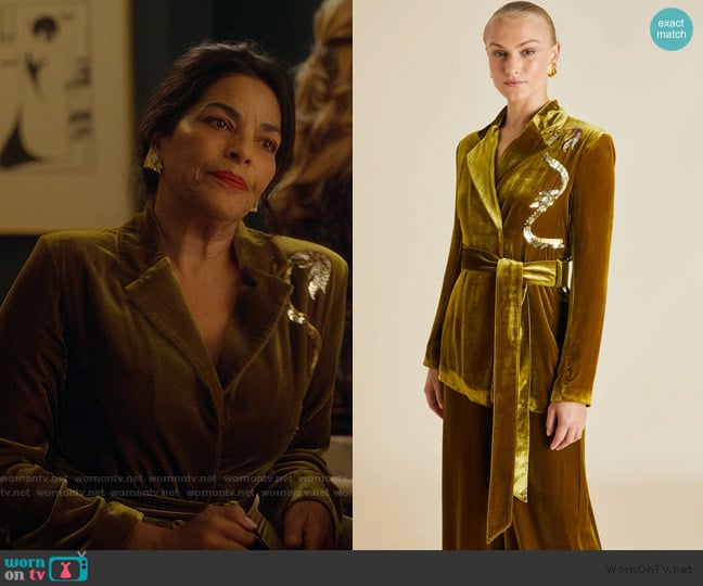 Olivia Von Halle Jagger August Gold Embellished Silk Velvet Pyjamas worn by Seema Patel (Sarita Choudhury) on And Just Like That