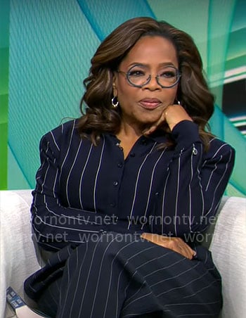 Oprah's navy pinstripe polo top on CBS Mornings
