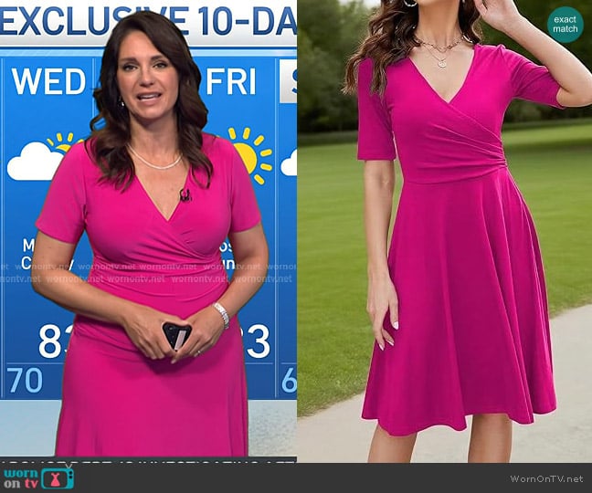 oxiuly at Amazon V-Neck Stretchy Casual Dresses in Rose Red worn by Maria Larosa on Today