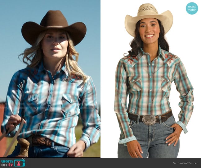 Panhandle Slim Teal Plaid with Floral Embroidery worn by Blake Hartford (Natalie Sharp) on My Life with the Walter Boys