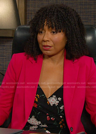 Patsy's blak floral jumpsuit on Days of our Lives