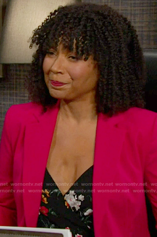 Patsy’s blak floral jumpsuit on Days of our Lives
