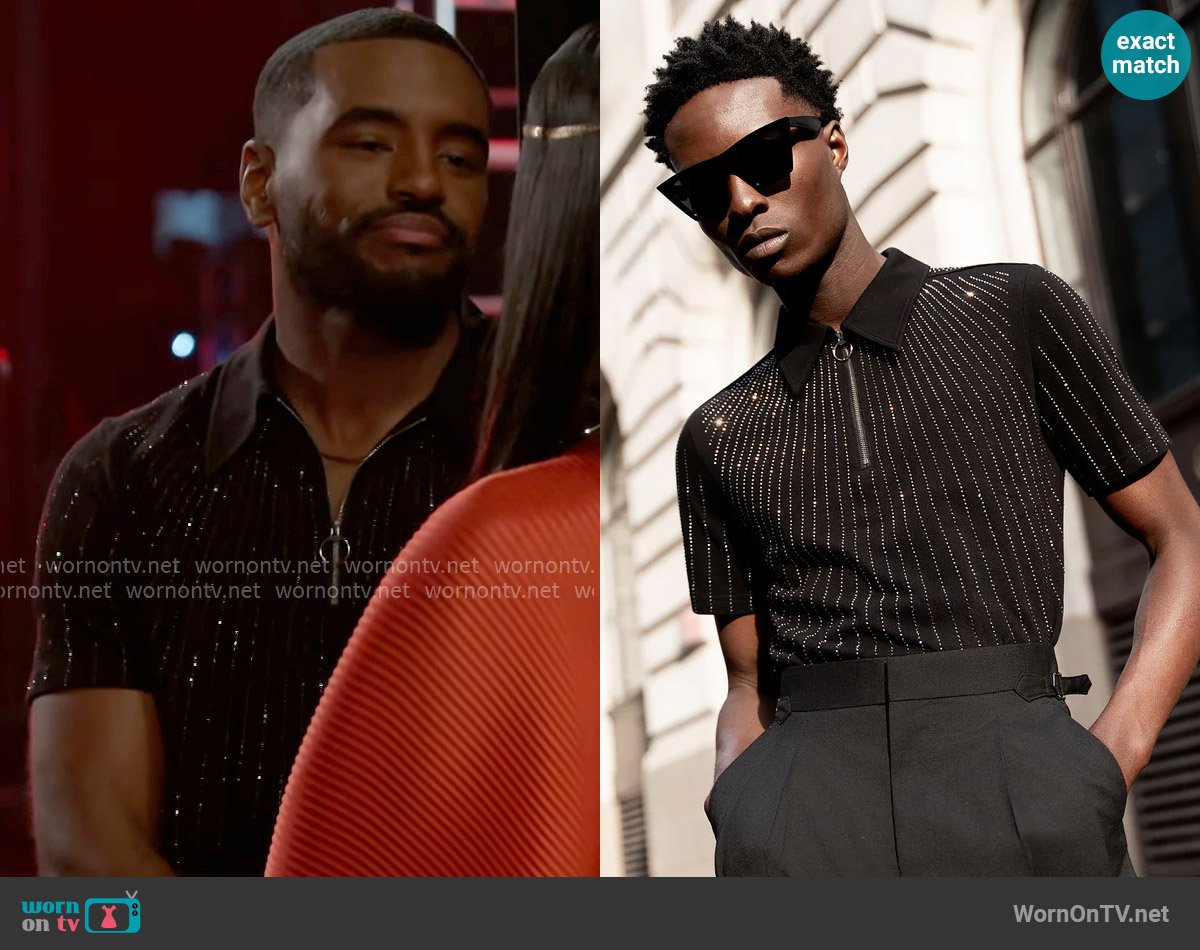 Phix Black Sequin Embellished 70's Cotton Polo Shirt worn by Andre Richardson (Sean Freeman) on Beyond the Gates