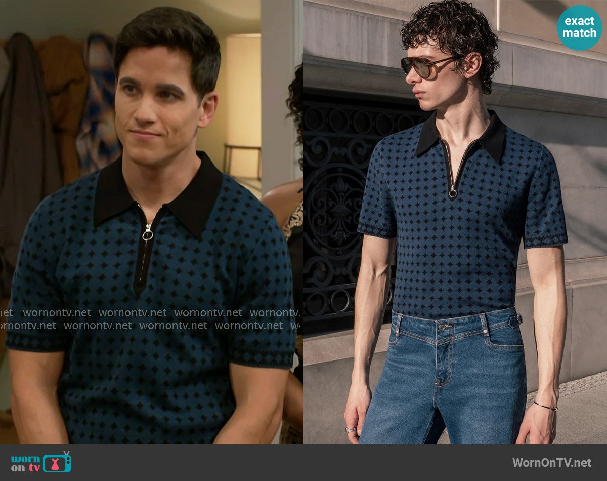 Phix Navy Jacquard Circular Knitted Zip Polo worn by Bradley 'Smitty' Smith (Mike Manning) on Beyond the Gates