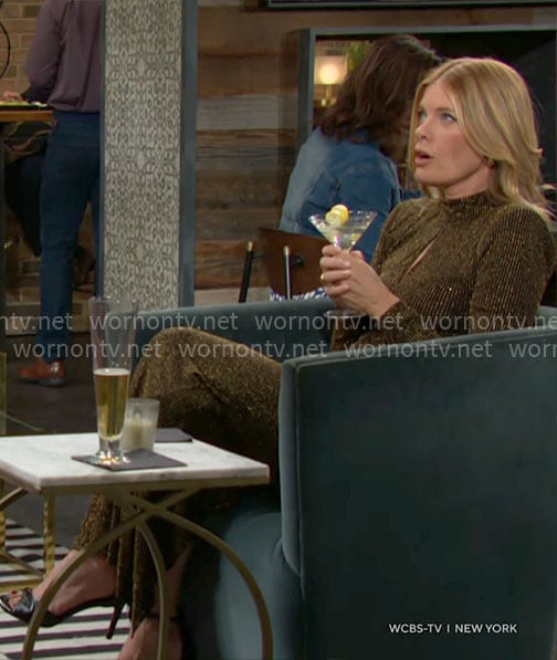Phyllis’s gold front keyhole cutout dress on The Young and the Restless