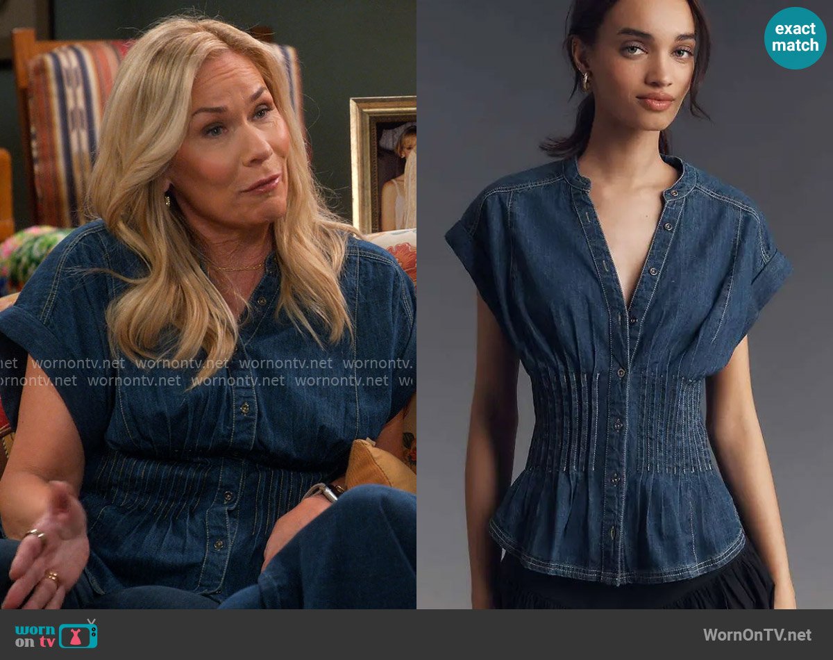 Pilcro at Anthropologie Short-Sleeve Pleated Corset Blouse worn by Leanne Murphy (Leanne Morgan) on Leanne