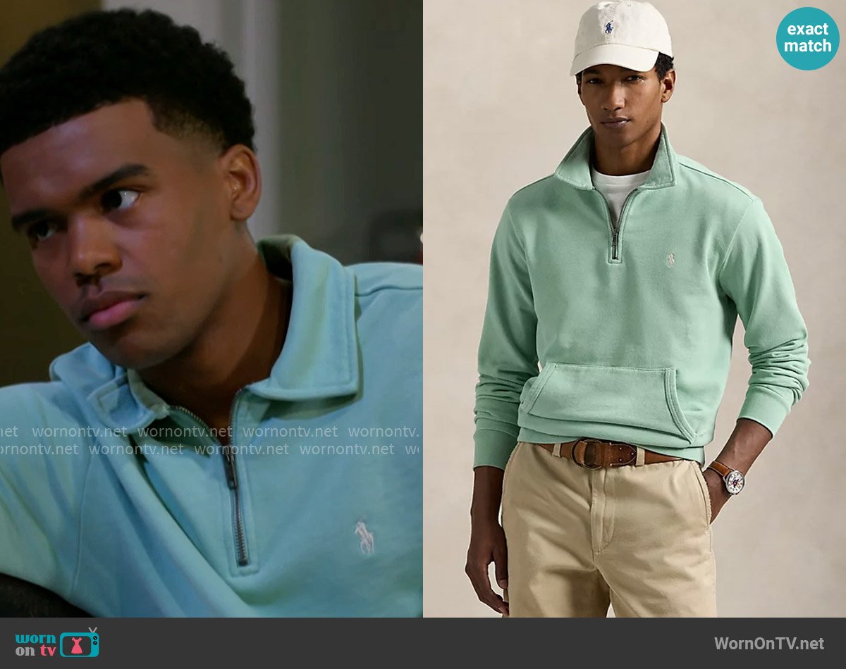 Polo Ralph Lauren Loopback Fleece Quarter-Zip Sweatshirt in Celadon worn by Tyrell Richardson (Jaden Lucas Miller) on Beyond the Gates